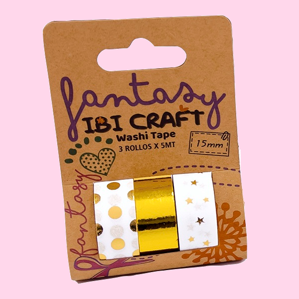 WASHI TAPE IBI CRAFT, 15MMx5MTS., PACK x 3 UNIDADES, EN PAPEL FOIL DORADO