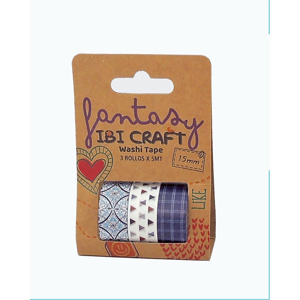 WASHI TAPE IBI CRAFT, 15MMx5MTS., PACK x 3 UNIDADES, TONOS AZUL