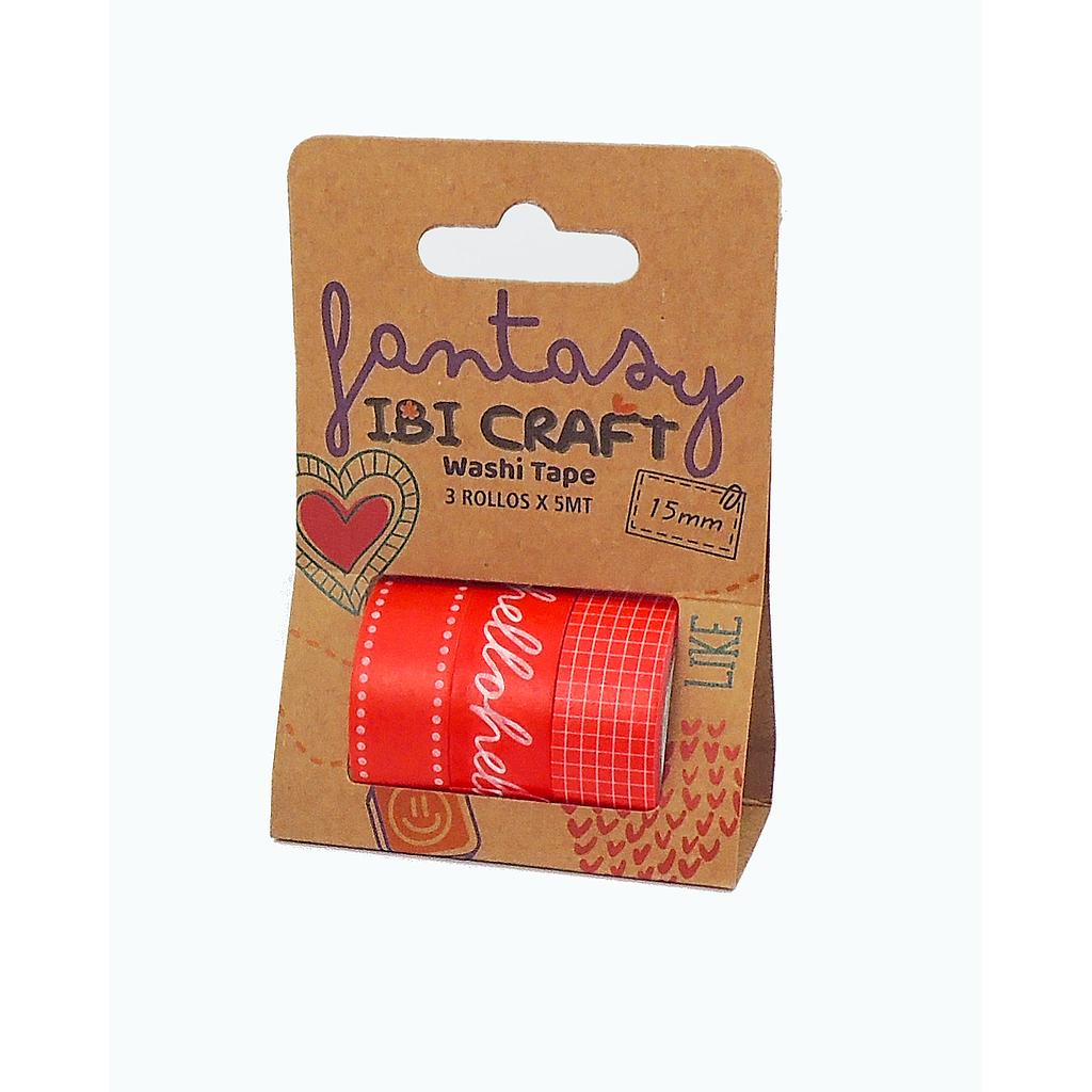 WASHI TAPE IBI CRAFT, 15MMx5MTS., PACK x 3 UNIDADES, TONOS ROJOS
