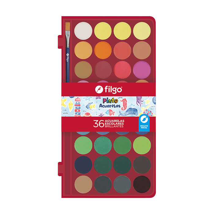 ACUARELA FILGO PINTO - ESTUCHE PLASTICO + PINCEL. x36 COLORES