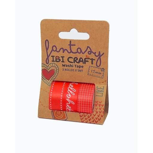 WASHI TAPE IBI CRAFT, 15MMx5MTS., PACK x 3 UNIDADES, TONOS ROJOS